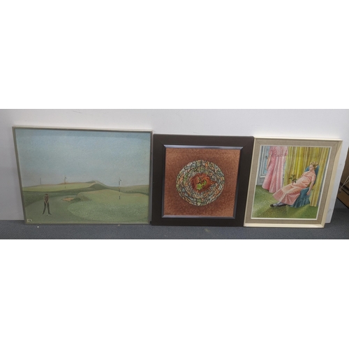 327 - Elizabeth Lampson - three oil on boards to include one example titled 'Loneliness Boy on a Golf Cour... 