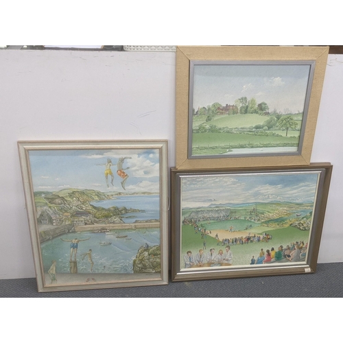 342 - Elizabeth Lampson - three oil on canvas to include one example titled 'High Dives over Mevagissey', ... 