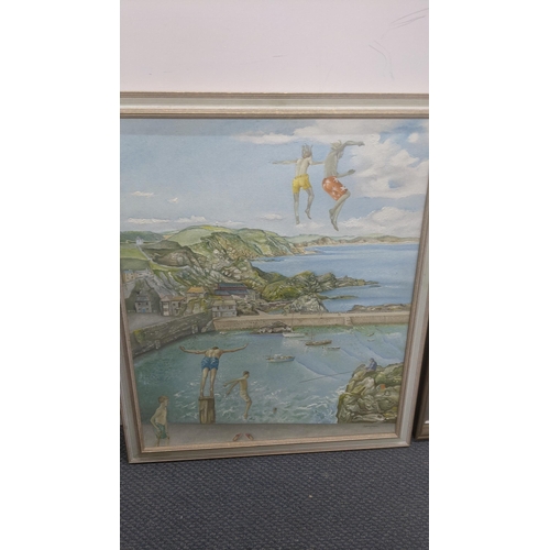 342 - Elizabeth Lampson - three oil on canvas to include one example titled 'High Dives over Mevagissey', ... 