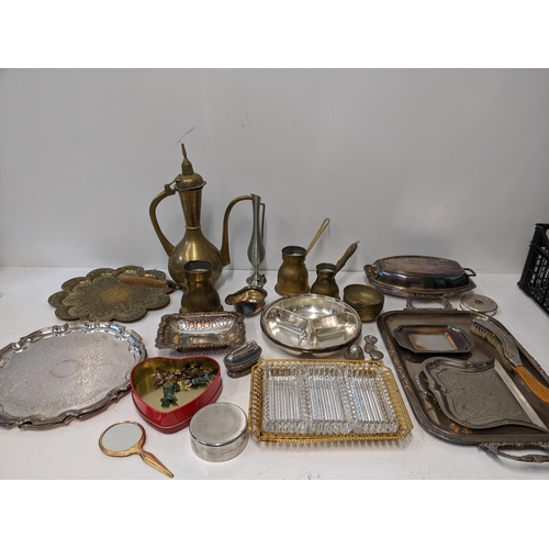 418 - A collection of brass and silver plated items to include a middle eastern coffee pot, a silver plate... 