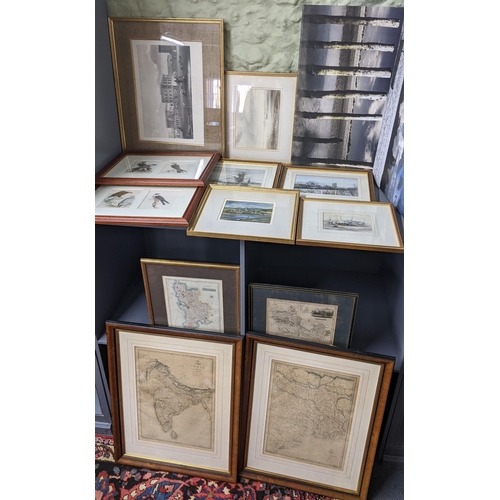 336 - Mixed pictures to include 19th century engraved maps, coloured engravings, depicting birds of prey, ... 