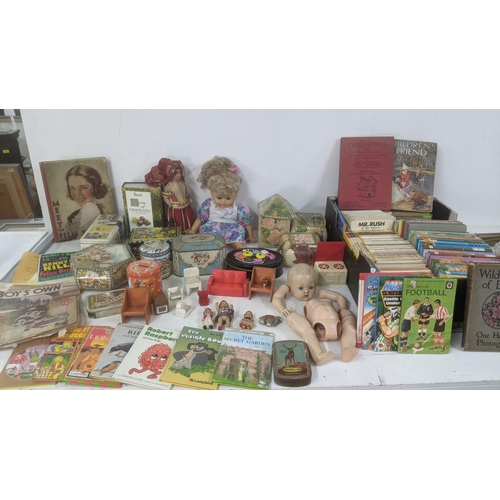 423 - Mixed collectables to include vintage dolls and doll house furniture, vintage tins and sewing boxes,... 