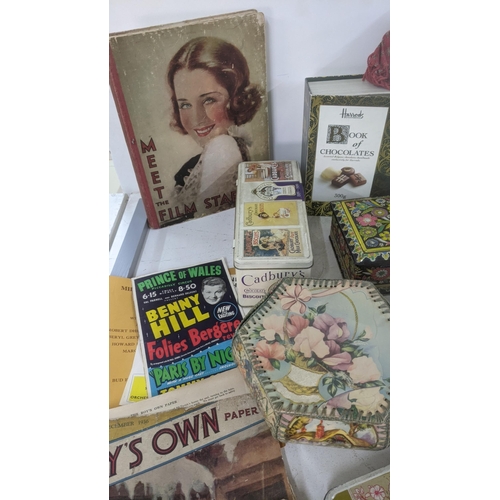 423 - Mixed collectables to include vintage dolls and doll house furniture, vintage tins and sewing boxes,... 