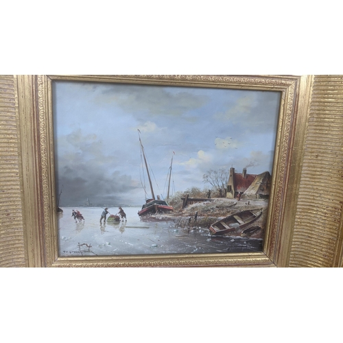 440 - P C Steenhouwer - oil on board, a Dutch scene depicting a frozen lake with figures on skates, a cott... 