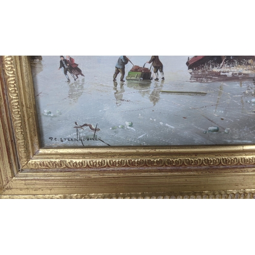 440 - P C Steenhouwer - oil on board, a Dutch scene depicting a frozen lake with figures on skates, a cott... 