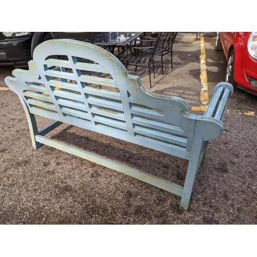 548 - A garden blue painted Lutyens style teak bench 103cm h x 166cm w Location:DH
If there is no conditio... 