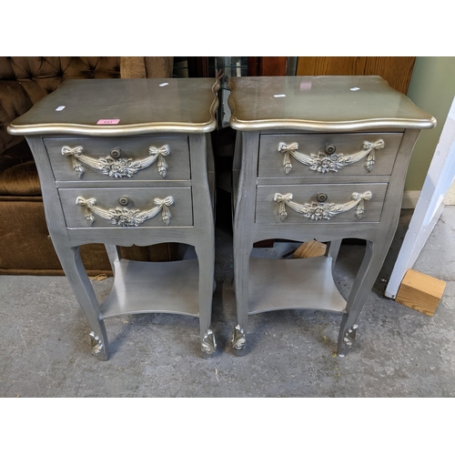 553 - A pair of modern silver  painted wooden bedside two-drawer cupboards on shaped legs Location:GM
If t... 