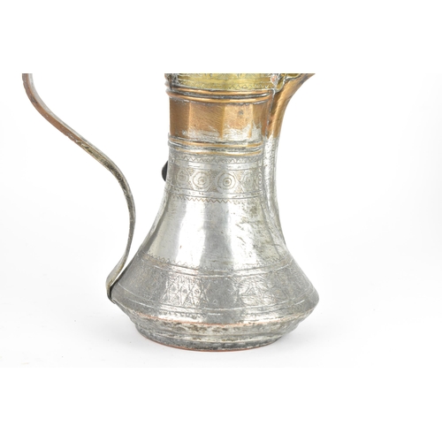 119 - An 18th/19th century silvered copper and brass Dallah coffee pot, having a tapering finial and pierc... 