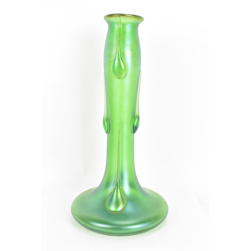 13 - A circa 1900 Loetz art glass vase, the iridescent cylindrical column with six applied tear drops tap... 