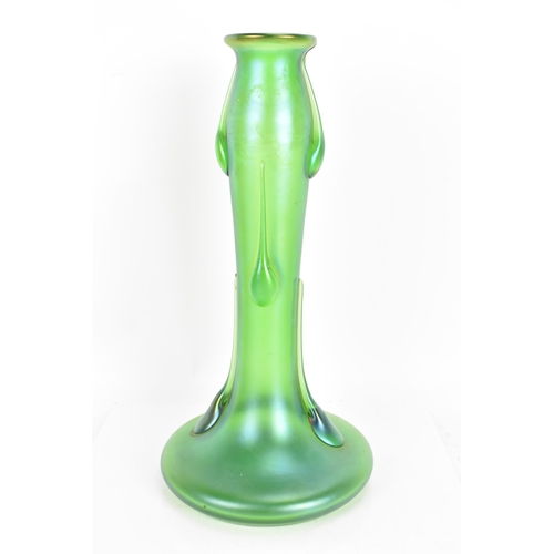 13 - A circa 1900 Loetz art glass vase, the iridescent cylindrical column with six applied tear drops tap... 