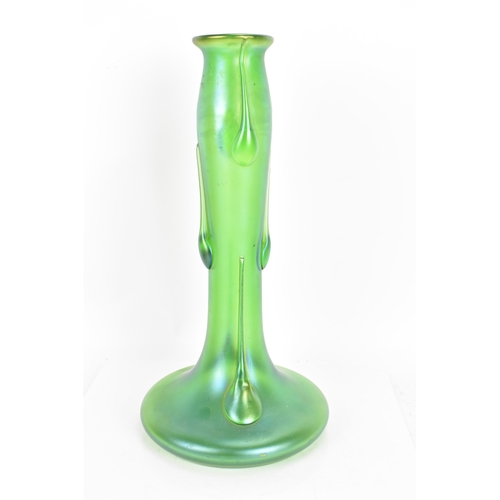 13 - A circa 1900 Loetz art glass vase, the iridescent cylindrical column with six applied tear drops tap... 