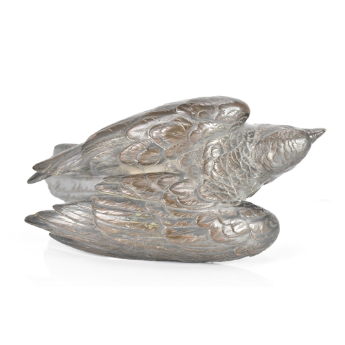 37 - A circa 1900 silver plated bronze sculpture of a bird, in a standing pose about to take flight, unma... 