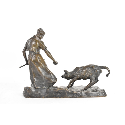 38 - After Ruth Anna Maria MILLES (1873-1941) 'Girl with an Unruly Calf', an early 20th century cast bron... 