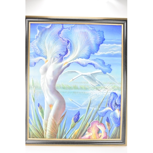 47 - Brigid Marlin (B.1936) A miche painting entitled 'Clockwork Leda, 1990', 72.5cm x 90.5cm, the frame ... 