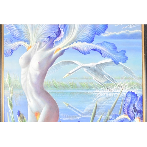 47 - Brigid Marlin (B.1936) A miche painting entitled 'Clockwork Leda, 1990', 72.5cm x 90.5cm, the frame ... 