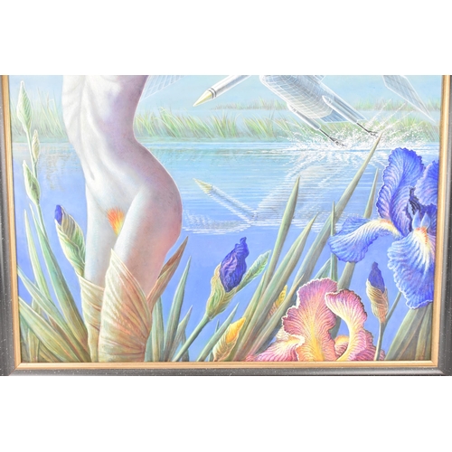 47 - Brigid Marlin (B.1936) A miche painting entitled 'Clockwork Leda, 1990', 72.5cm x 90.5cm, the frame ... 