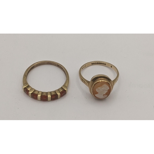 18 - Two 9ct yellow gold ladies rings to include cameo example together with 5 stones ring possibly fire ... 