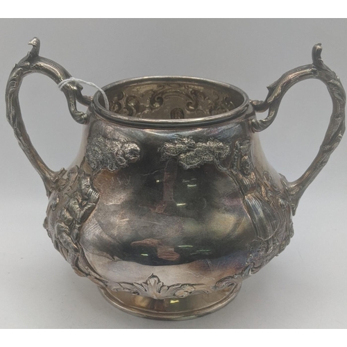 23 - Robert Hennell silver twin handled sugar bowl London 1859, lobed circular form, leaf capped scroll h... 