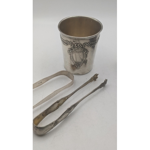 57 - A group of mixed silver to include 19th/early 20th century French goblet together with two pairs of ... 