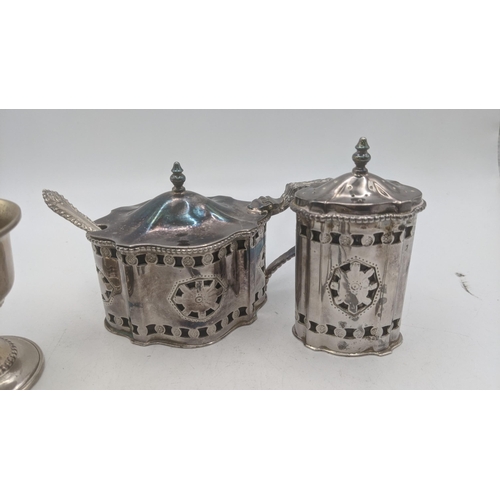 58 - Silver to include a chick and sons mustard and pepper pot having pierced decoration and blue glass l... 