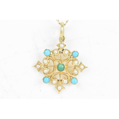 1A - A Victorian turquoise and pearl 18ct yellow gold pendant and gold plated necklace, the pendant havin... 