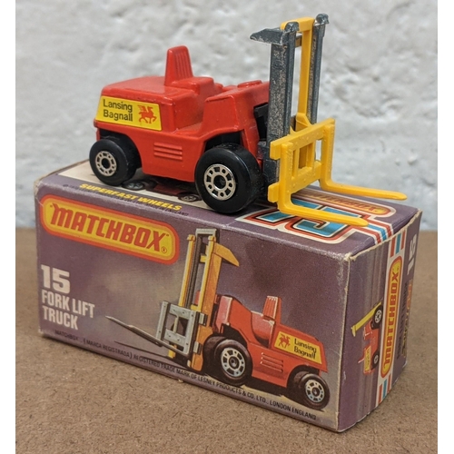 41 - Four Matchbox forklift trucks, three boxed, all number 15 and all dated 1972 underneath with Lansing... 