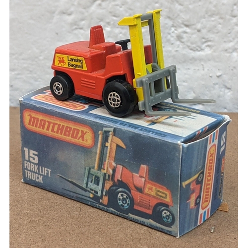 41 - Four Matchbox forklift trucks, three boxed, all number 15 and all dated 1972 underneath with Lansing... 