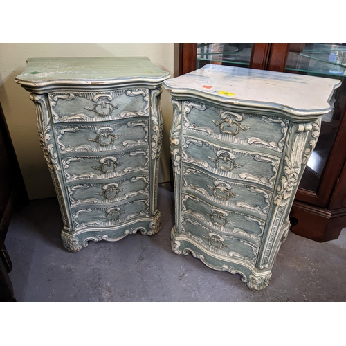 99 - A pair of 20th century Mariano Garcia Spanish Rococo painted bedside cabinets, serpentine fronted wi... 