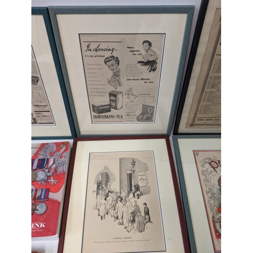 17 - A group of framed and glazed vintage adverts together with a Spink Orders, Decorations and Medals bo... 