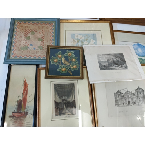 20 - A group of framed pictures to include a signed Ida Kirkpatrick watercolour, titled 'Sunset' Farnham ... 