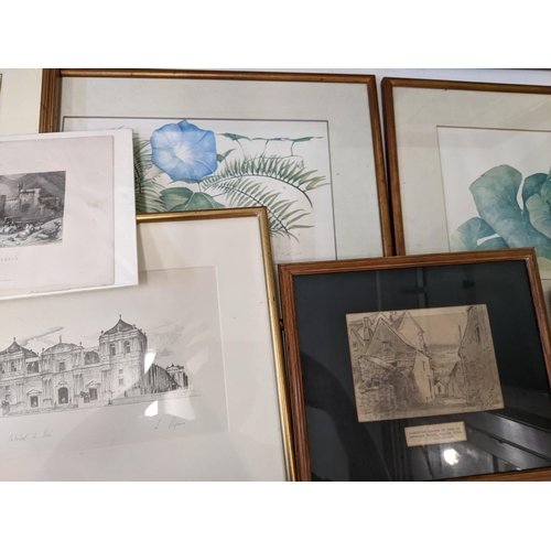 20 - A group of framed pictures to include a signed Ida Kirkpatrick watercolour, titled 'Sunset' Farnham ... 