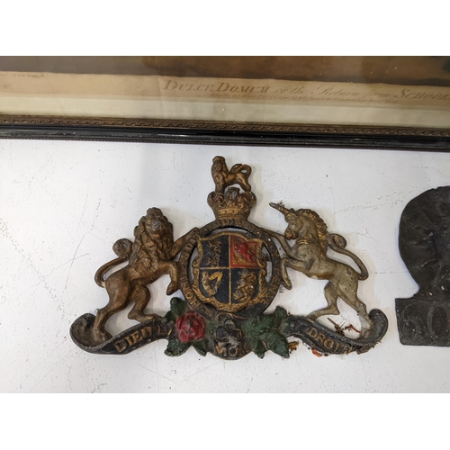 21 - Collectables to include a lead fire insurance plaque, a painted lead coat of arms and other items an... 