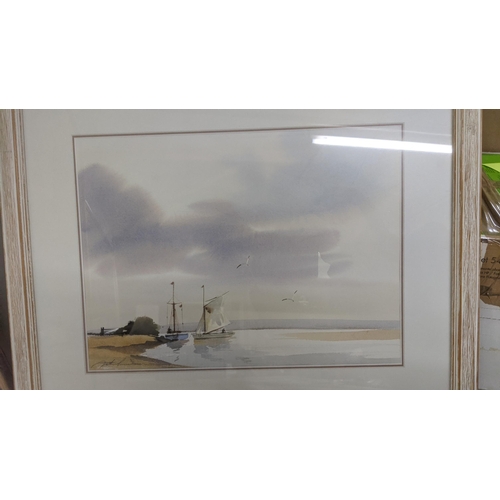 42 - Pictures to include three coastal scenes watercolours, Annie Williams, Shirley Felts and Mary George... 