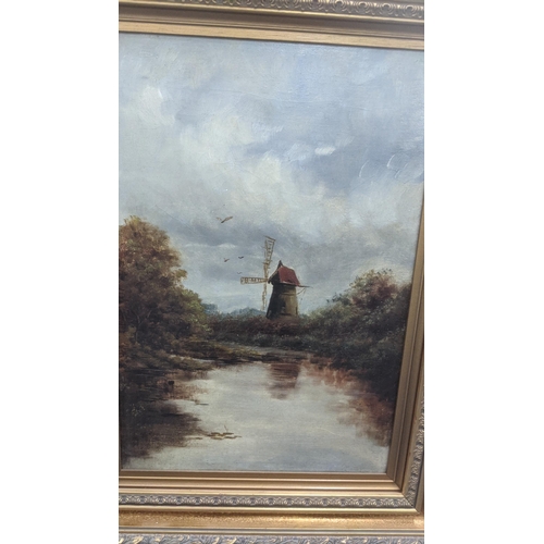 58 - A 19th century oil on canvas depicting a rural scene with a windmill as the central element and tree... 