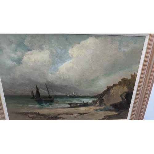 59 - J. Morris - 19th century oil on board depicting a coastal scene with rocky shoreline, signed lower r... 