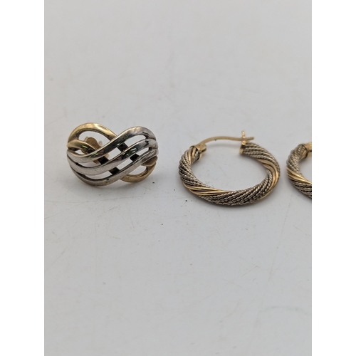 101 - A pair of 14ct yellow gold and silver textured hoop earrings, 1.7g, together with a two tone 9ct gol... 