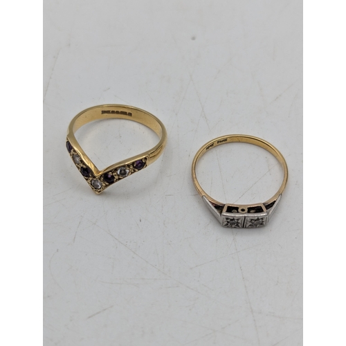 83 - Two ladies rings to include an 18ct yellow gold amethyst and diamond wishbone ring size N 1/2, toget... 