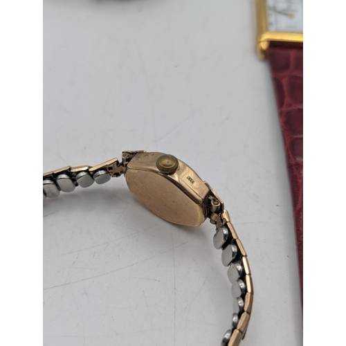 87 - Four ladies wristwatches to include a 9ct yellow gold cased example on a gold plated expanding brace... 