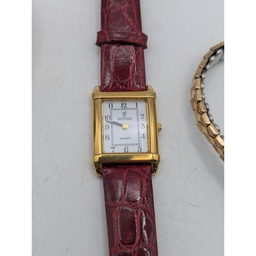87 - Four ladies wristwatches to include a 9ct yellow gold cased example on a gold plated expanding brace... 