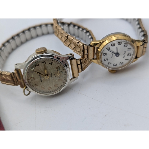 87 - Four ladies wristwatches to include a 9ct yellow gold cased example on a gold plated expanding brace... 