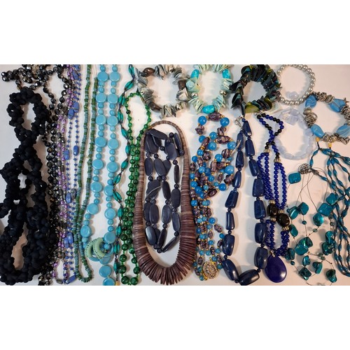 50 - A quantity of 1970's and later bead necklaces and bracelets to include Aurora Borealis necklaces, fa... 
