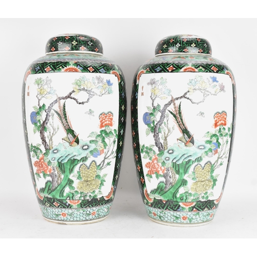 A pair of Chinese famille verte baluster vases and covers, Qing Dynasty, 19th century, each of ovoid form with a domed cover, the body painted with panels depicting a phoenix perched on rockwork amid flowering foliage, set against a dark green diaper ground with floral roundels and geometric motifs, the covers similarly decorated, the bases with double blue ring marks, 46cm high x 26.5cm wide
If there is no condition report shown, please request