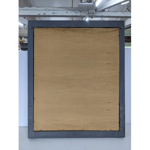 44 - A modern mirror in a black plastic rectangular frame with brass industrial style caps on each corner... 
