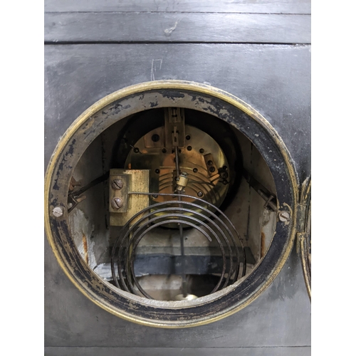 53 - A late Victorian black slate mantle clock of architectural form, surmounted with a bust of Mercury o... 