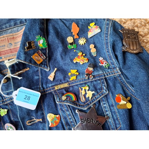 28 - A Diesel Industry denim jacket, size M, covered both front and back in pin badges to include car rac... 
