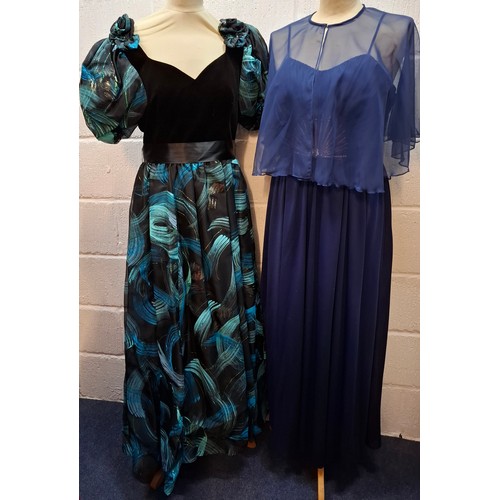 34 - Three 1970's/80's ball gowns comprising a Trina Lewis & Marjon Couture navy dress with pink sequin s... 