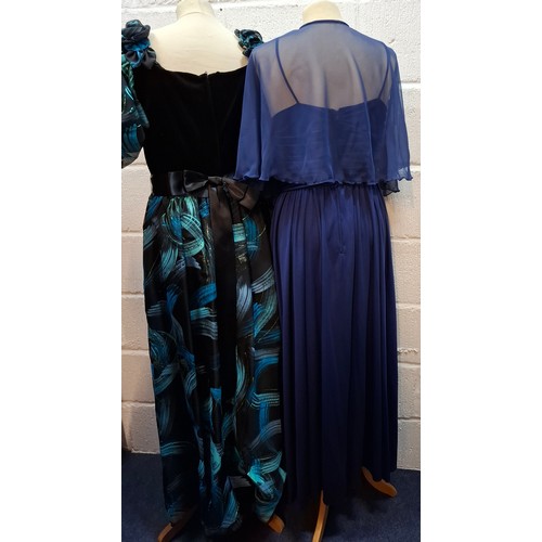 34 - Three 1970's/80's ball gowns comprising a Trina Lewis & Marjon Couture navy dress with pink sequin s... 