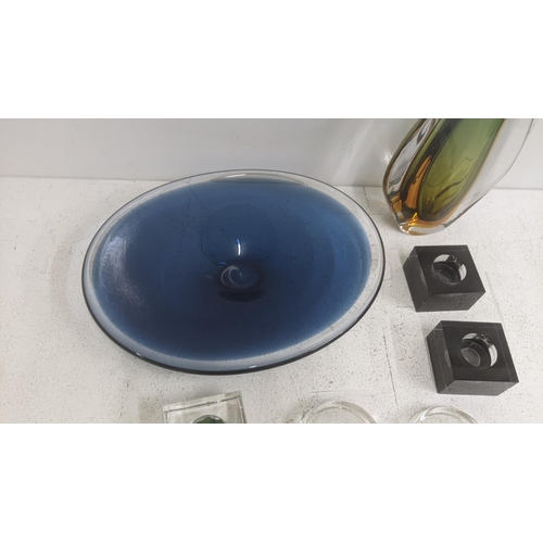 61 - Glassware to include a Wedgwood oval shaped blue glass bowl, measuring 35.5 cm W along with an unmar... 