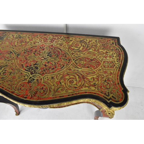 202 - A mid 19th century French Louis XV style ebonised and red tortoiseshell boulle card table, of serpen... 