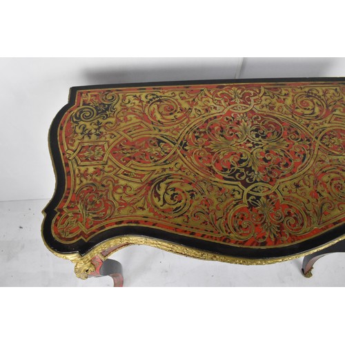 202 - A mid 19th century French Louis XV style ebonised and red tortoiseshell boulle card table, of serpen... 